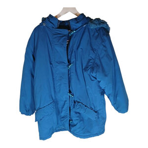 Andy Johns Puffer Jacket Womens Size Small Blue Fur Lined Hoodie‎ Antler Buttons